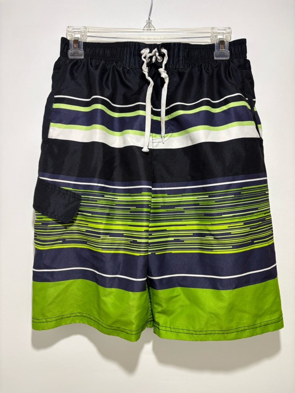 Boys Black, Lime & Navy Striped Swim Trunks